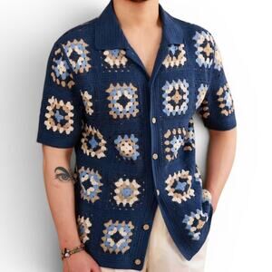 Massive Luxury Edition Crocheted Granny Square Open Knit Short Sleeve Shirt XL